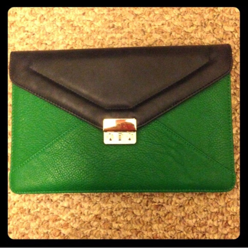 Green navy blue clutch8X12; gold chain strap 48”.